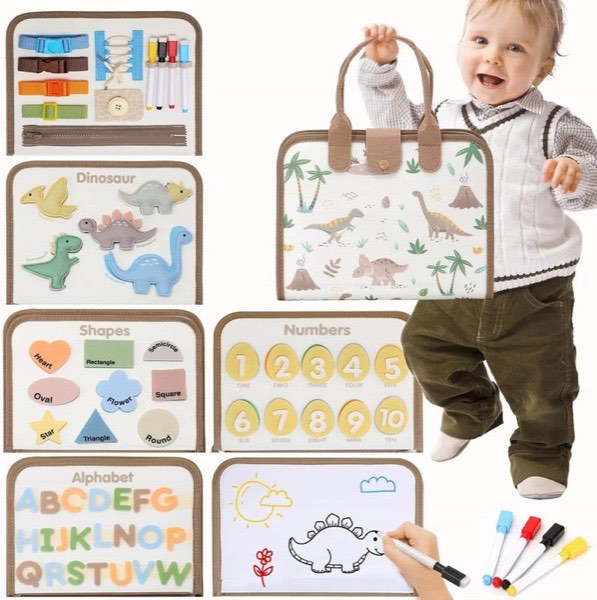 Tablica manipulacyjna Montessori z filcu – dinozaury, alfabet i cyferki