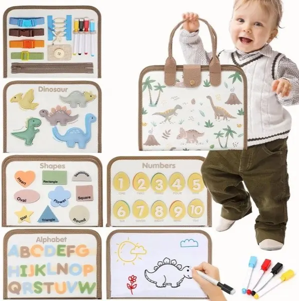 Tablica manipulacyjna Montessori z filcu – dinozaury, alfabet i cyferki
