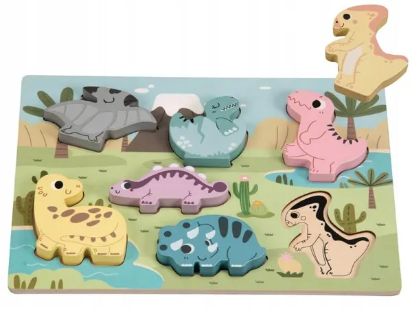 Dřevěné puzzle – Puzzle drewniane układanka dinozaury pastelowe – prezent dla dzieci
