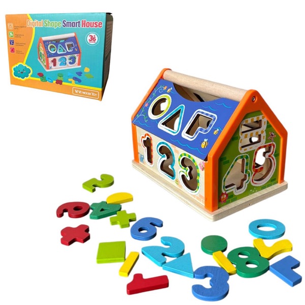 Drewniany domek edukacyjny Smart House – sorter kształtów i cyfr